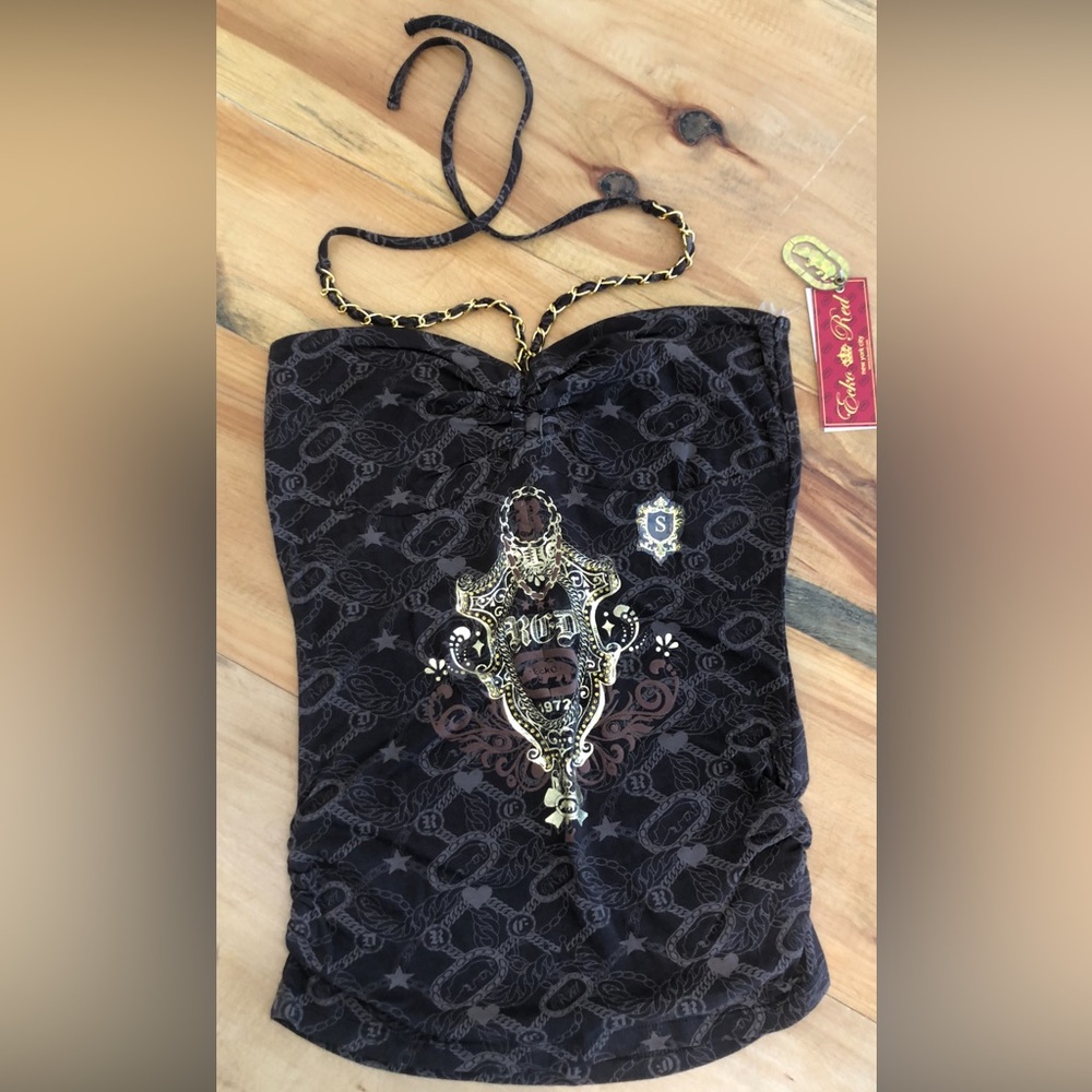 Ecko Unlimited Brown Graphic Halter top with Gold Accent